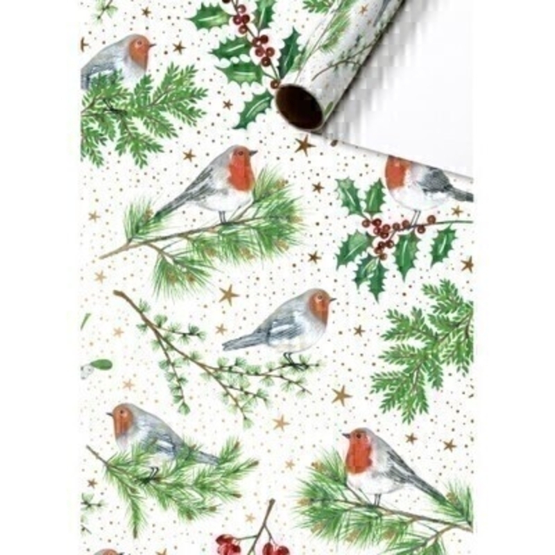 Luxury Christmas Wrapping Paper featuring festive robins and holly on a white background and small gold stars. This festive roll of gift wrap is by Swiss designer Stewo. Quality bright white coated wrapping paper 80gsm. Approx size of roll 70cm x 2metres.